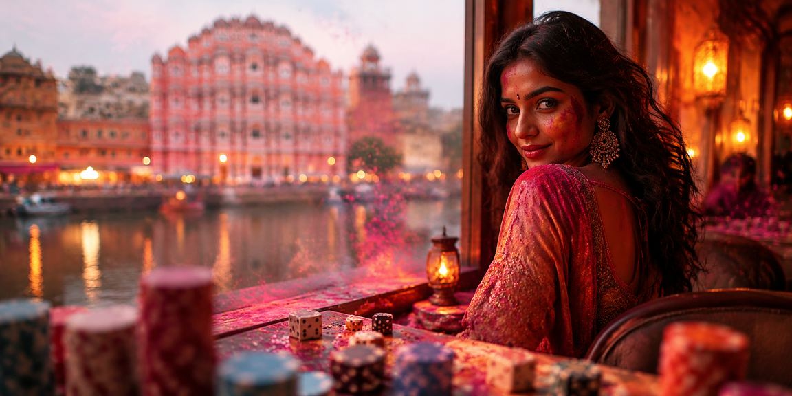 Colorful Holi festival scene with dice game outside Hawa Mahal Jaipur