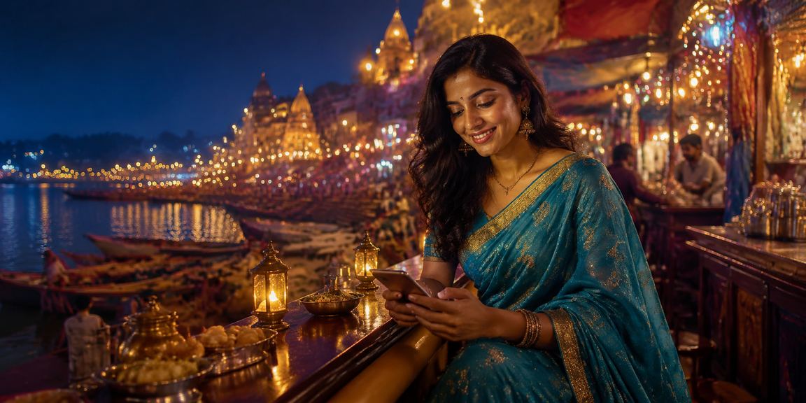 Playing Teen Patti on mobile device in Varanasi with festive atmosphere